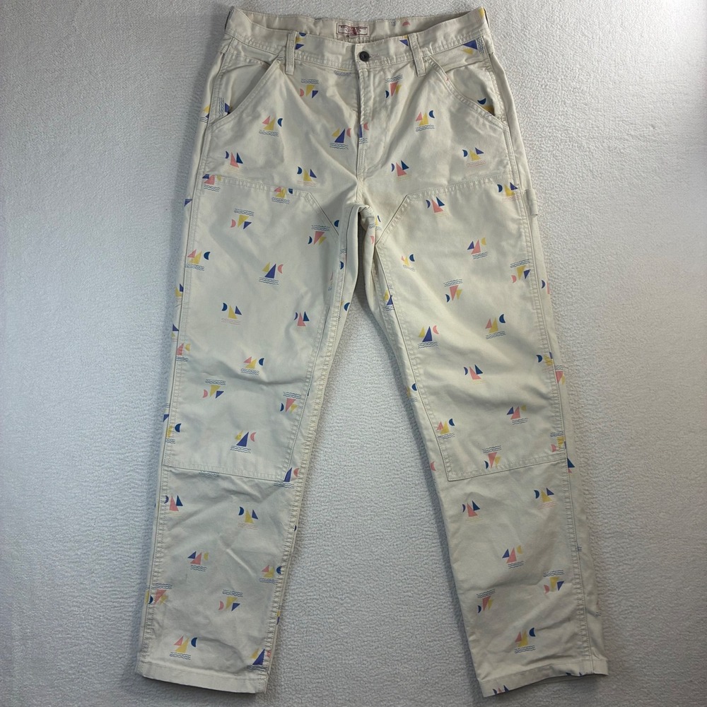 Wallace Barnes Carpenter Pants Men‎ 33x32 Beige Sailboat AOP Double Knee J Crew